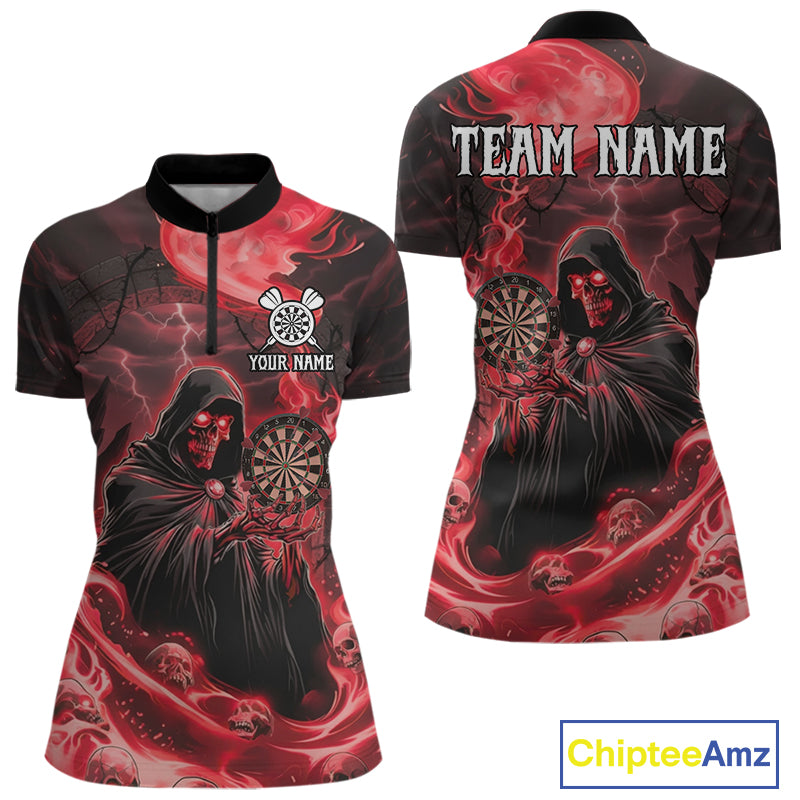 Custom Red Grim Reaper Fire Flames Dart Women 1/4-Zip Jerseys Outfits Skull Dart Shirt NYN1682