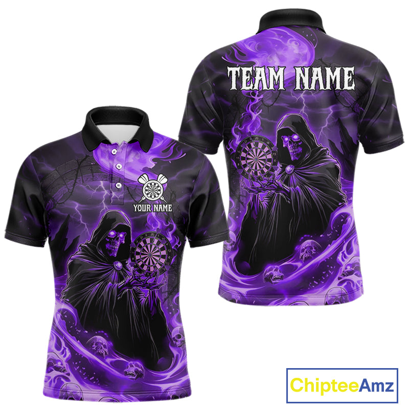 Custom Purple Grim Reaper Fire Flames Dart Men Polo Jerseys Outfits Skull Dart Shirt NYN1683