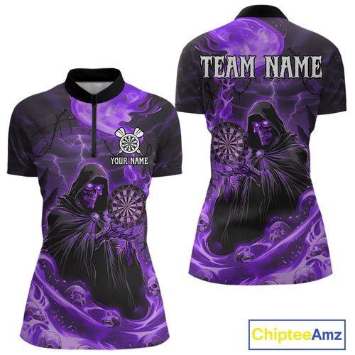 Custom Purple Grim Reaper Fire Flames Dart Women 1/4-Zip Jerseys Outfits Skull Dart Shirt NYN1683