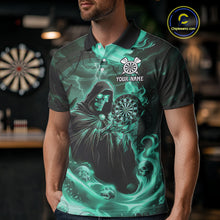 Load image into Gallery viewer, Custom Turquoise Grim Reaper Fire Flames Dart Men Polo Jerseys Outfits Skull Dart Shirt NYN1684