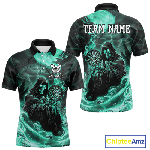 Custom Turquoise Grim Reaper Fire Flames Dart Men Polo Jerseys Outfits Skull Dart Shirt NYN1684
