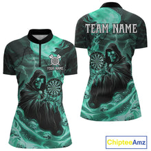 Load image into Gallery viewer, Custom Turquoise Grim Reaper Fire Flames Dart Women 1/4-Zip Jerseys Outfits Skull Dart Shirt NYN1684