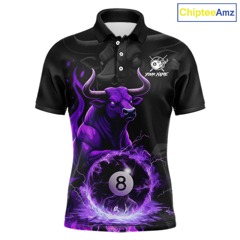 Black & Purple Flames Pool 8 Ball Men's Billiard Team Shirt Custom Funny Bull Billiard Attire NYN2502