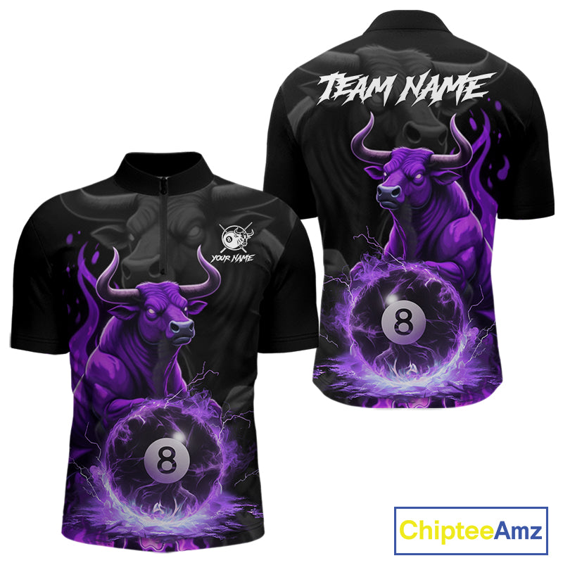 Black & Purple Flames Pool 8 Ball Men's Billiard Team Shirt Custom Funny Bull Billiard Attire NYN2502
