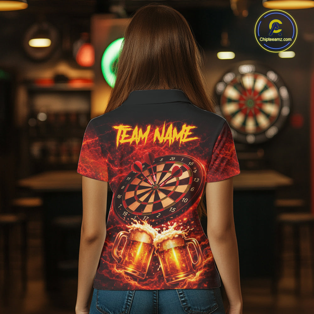 Red|Funny Bull & Beer Thunder Lightning Dart Polo Shirts For Women Custom Name For Darters NYN2698