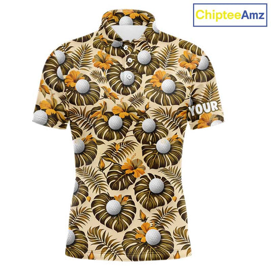 Personalized Tropical Yellow Monstera And Golfs Pattern Custom Golf Polo Shirt For Men Golf Team Clothes NYN2865