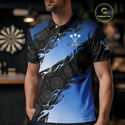 Custom Men's Darts Shirt With Cobalt Flames & Black Dartboard Pattern, Darts Jersey NYN0291