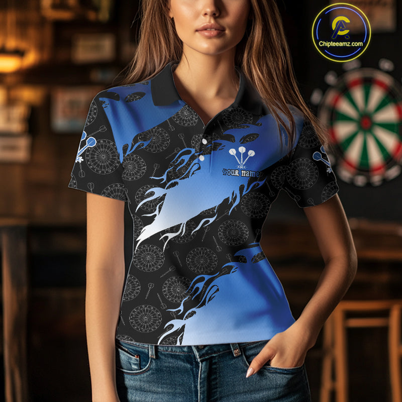 Custom Women's Darts Shirt With Cobalt Flames & Black Dartboard Pattern, Darts Jersey NYN0291