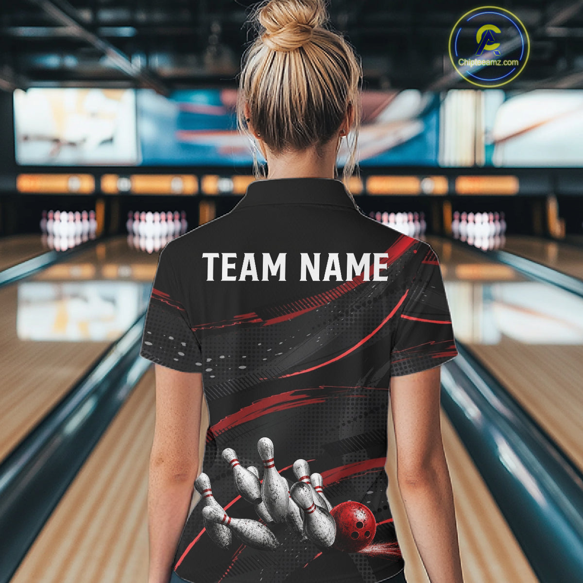 Black And Red Grunge Bowling Ball & Pins Jersey For Women Personalized Team Bowling Shirts NYN3227
