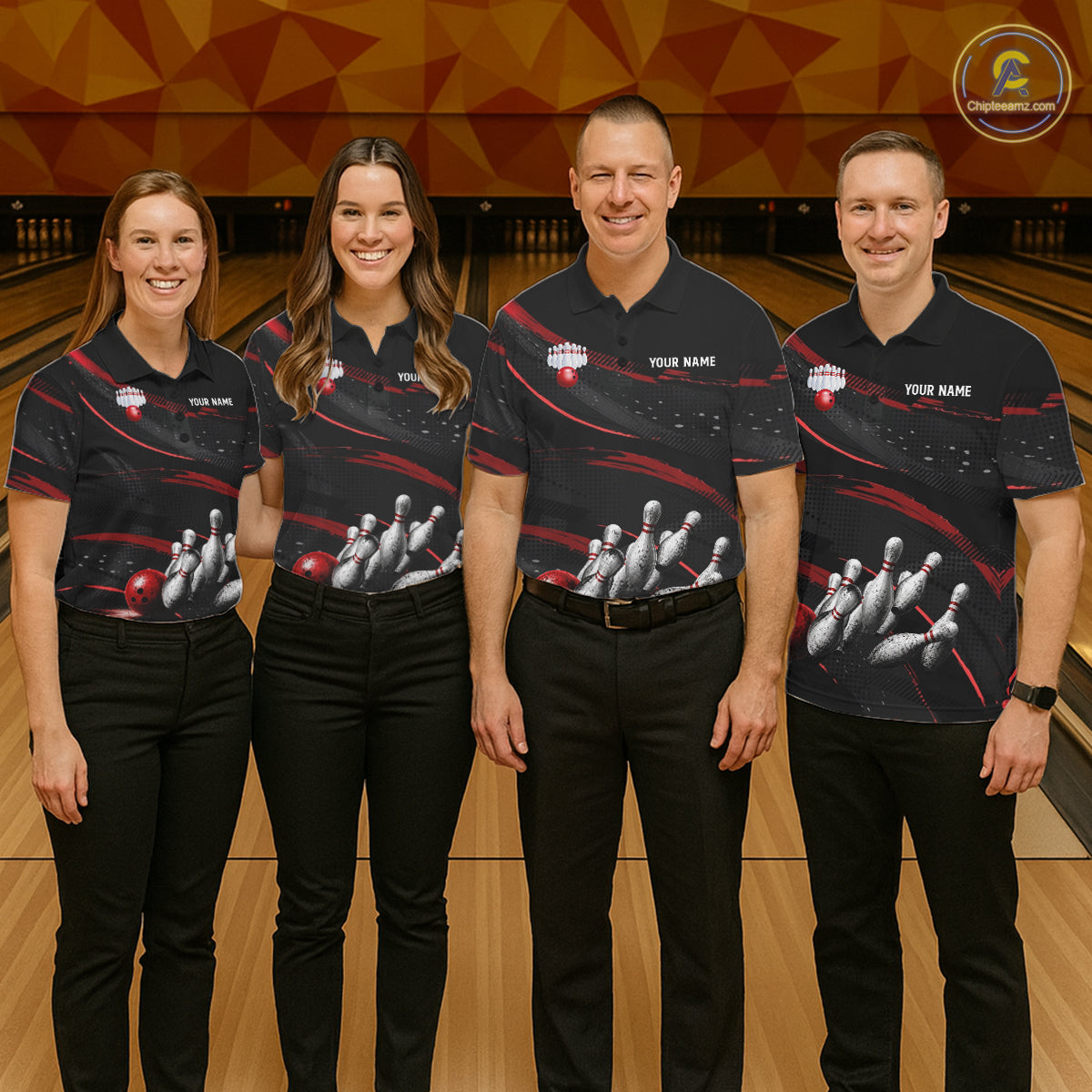 Black And Red Grunge Bowling Ball & Pins Jersey For Women Personalized Team Bowling Shirts NYN3227