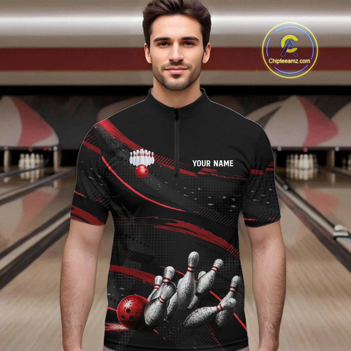 Black And Red Grunge Bowling Ball & Pins Jersey For Men Personalized Team Bowling Shirts NYN3227