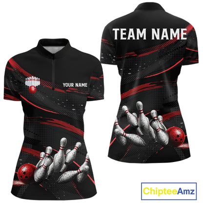 Black And Red Grunge Bowling Ball & Pins Jersey For Women Personalized Team Bowling Shirts NYN3227