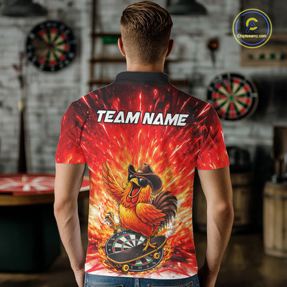 Mens Darts Funny Rooster Red Flames Polo Shirt Custom Name Polo Quarter Zip Shirt Gift For Darters NYN2857