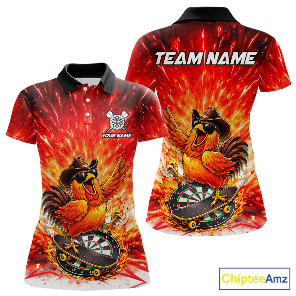 Womens Darts Funny Rooster Red Flames Polo Shirt Custom Name Polo Quarter Zip Shirt Gift For Darters NYN2857