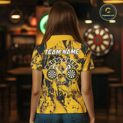 Yellow Grunge Funy Beer Darts Polo & 1/4 Zip For Women Personalized Grunge Dart Team Shirts NYN3241