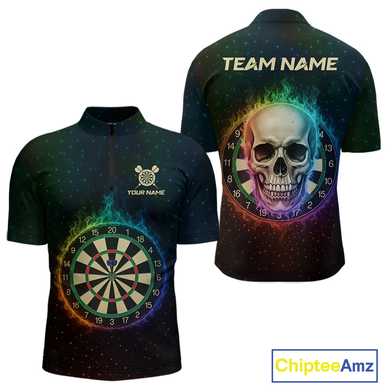 Custom Flames Skull Rainbow Dartboard Dart Men 1/4-Zip Jerseys Colorful Dart Team Shirt NYN1697