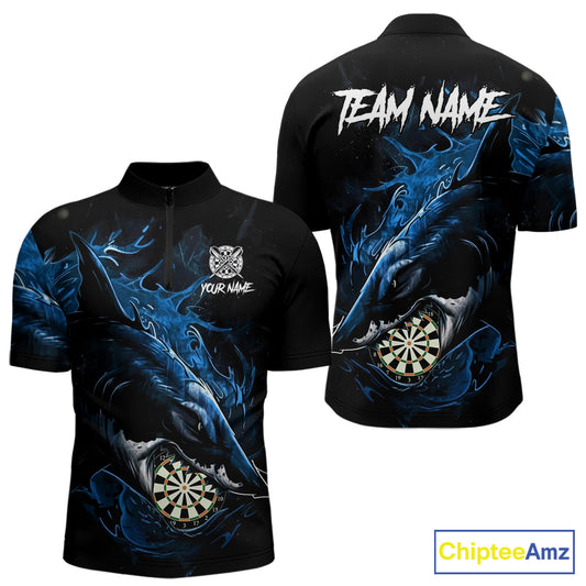 Personalized Blue Horror Shark Men Darts Quarter-Zip League Shirts Funny Grunge Dart Jerseys NYN2218