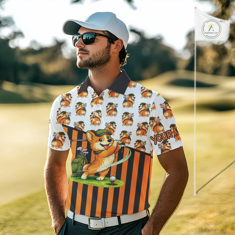 Funny Mens Cute Dog Pattern Golf Polo Shirt Custom Orange Golfing Dog Golf Clothes Attire NYN2874
