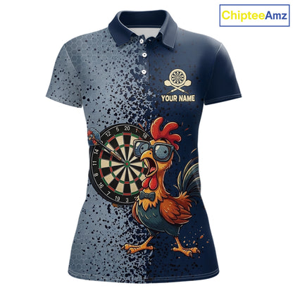 Blue Hexagon Splatter Funny Rooster Darts Polo & 1/4-Zip Shirt Custom Dart Jersey For Women NYN3082