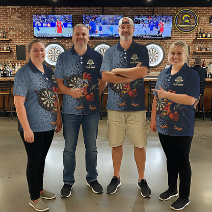 Blue Hexagon Splatter Funny Rooster Darts Polo & 1/4-Zip Shirt Custom Dart Jersey For Men NYN3082