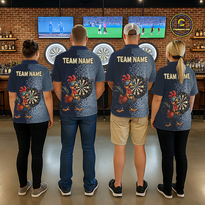 Blue Hexagon Splatter Funny Rooster Darts Polo & 1/4-Zip Shirt Custom Dart Jersey For Men NYN3082