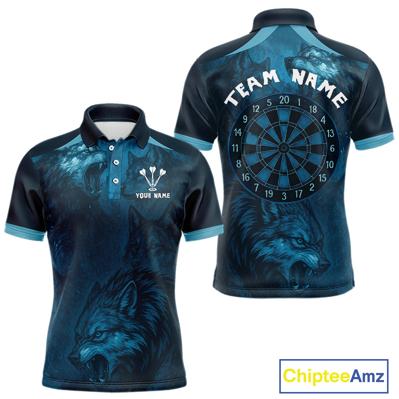 Men’s Team Darts Shirt With Dark Navy Wolves And Grunge Dartboard Pattern NYN0306