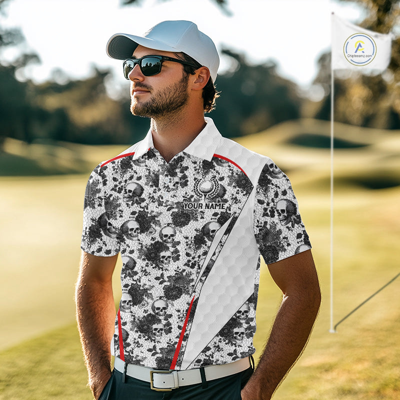 Black And White Skull Roses Golf Polo Shirts For Men Custom Golf Team Attire For Golfers NYN3256