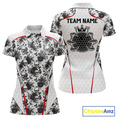 Black And White Skull Roses Golf Polo Shirts For Women Custom Golf Team Attire For Golfers NYN3256