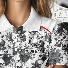 Load image into Gallery viewer, Black And White Skull Roses Golf Polo Shirts For Women Custom Golf Team Attire For Golfers NYN3256