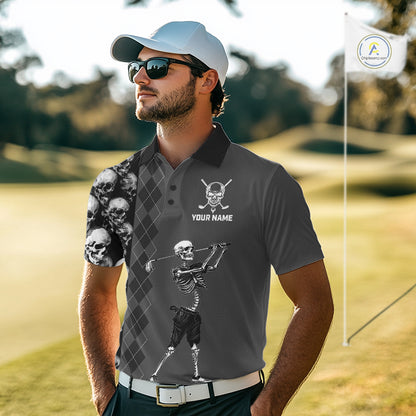 Men's model wearing Grey Skeleton Golf Polo Shirt, personalized skull golf apparel, Halloween golf outfit, custom golf team polo, gothic golf fashion, performance golf clothing.
