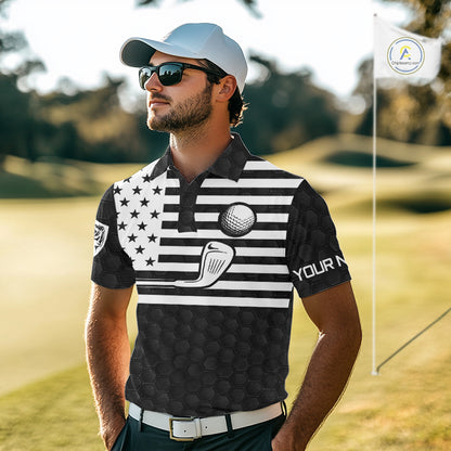 Men's model wearing Skull US Flag Golf Polo Shirt, patriotic golf apparel, veteran golf clothing, custom golf team shirt, American flag sportswear, golf tournament outfit.