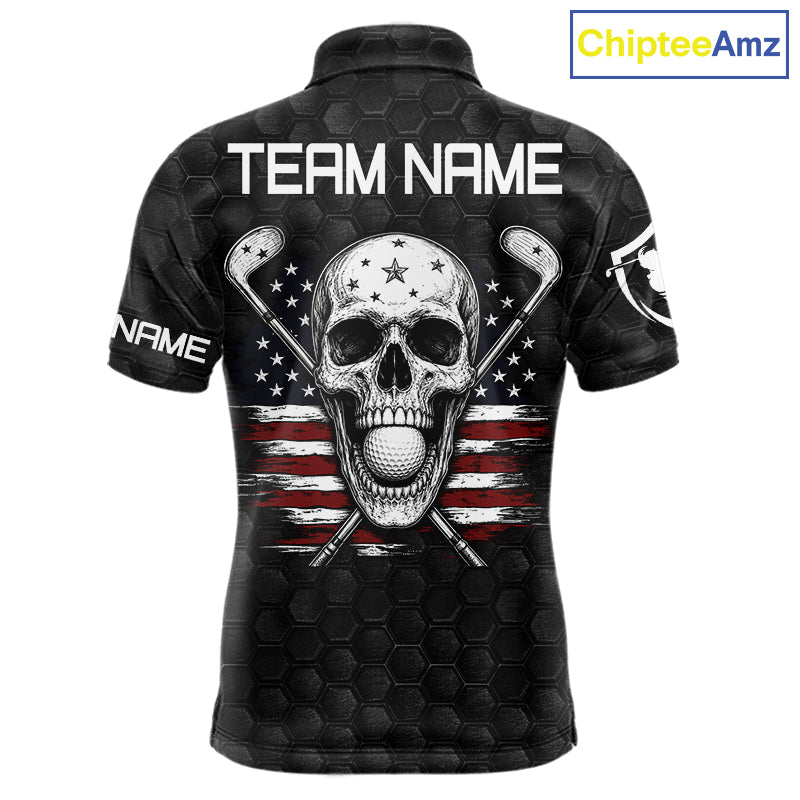 Black White Skull US Flag Men's Golf Polo Shirt mockup, personalized patriotic golf shirt, skull American flag golf apparel, custom golf jersey, performance polo, Memorial Day and Independence Day golf clothing.
