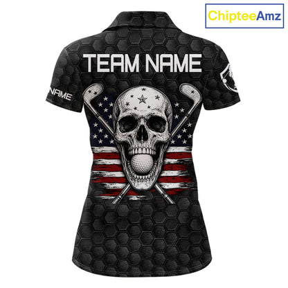 Black and White Skull US Flag Women's Golf Polo Shirt mockup featuring patriotic skull design, personalized women's golf apparel, American flag golf polo, custom golf team shirt, Memorial Day and Independence Day golf clothing.