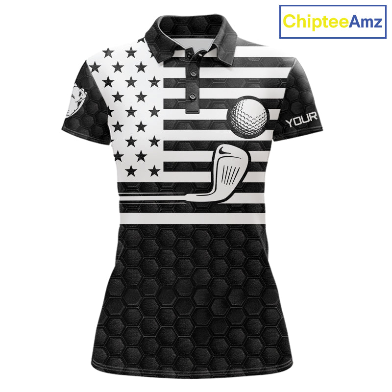 Black and White Skull US Flag Women's Golf Polo Shirt mockup featuring patriotic skull design, personalized women's golf apparel, American flag golf polo, custom golf team shirt, Memorial Day and Independence Day golf clothing.