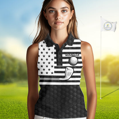 Women's model wearing Skull US Flag Golf Polo Shirt, patriotic golf fashion, oversized golf apparel, matching couple golf outfit, USA golf clothing.