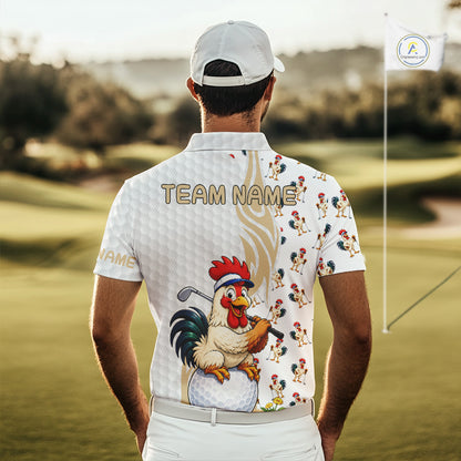 Men's model wearing Funny Rooster Golf Polo Shirt, rooster mascot golf apparel, custom golf team clothing, country golf fashion, personalized golf outfit.