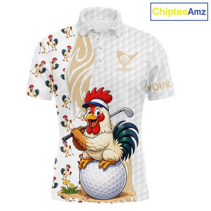 Funny Rooster Men's Golf Polo Shirt mockup, rooster golf apparel, personalized golf shirt, custom team golf jersey, country lifestyle golf clothing, humorous golf gift, performance golf polo.