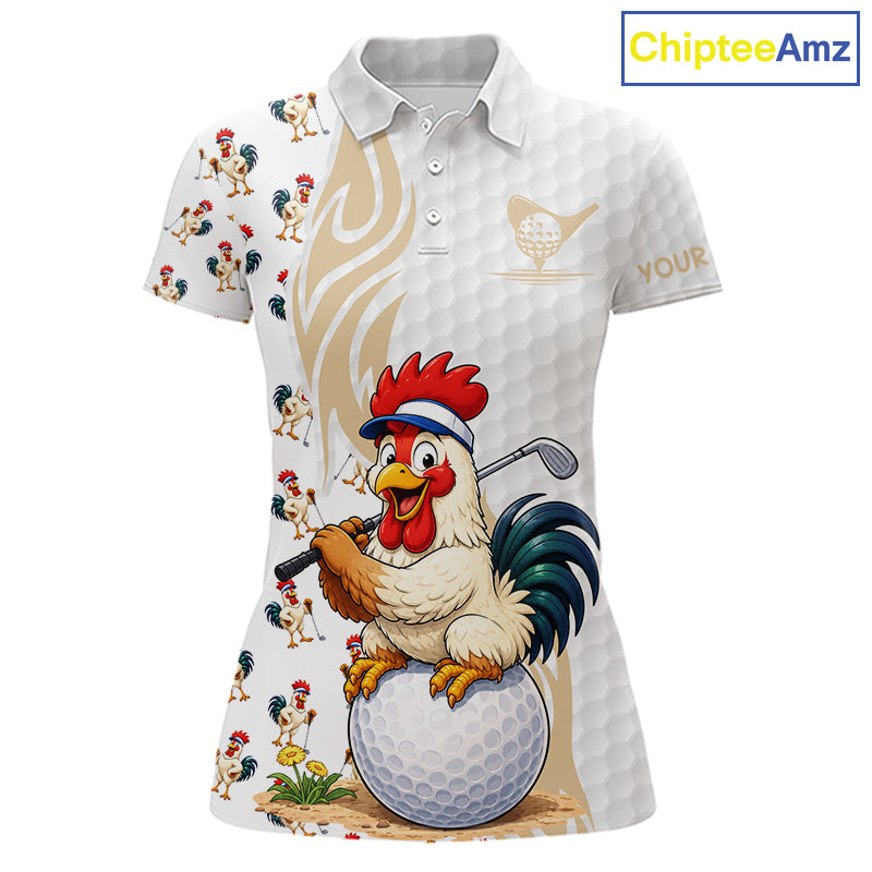 Funny Rooster Women's Golf Polo Shirt mockup featuring rooster mascot design, personalized women's golf polo, farmhouse golf apparel, custom golf team clothing, funny golf outfit, breathable performance golf shirt, golf lover gift.