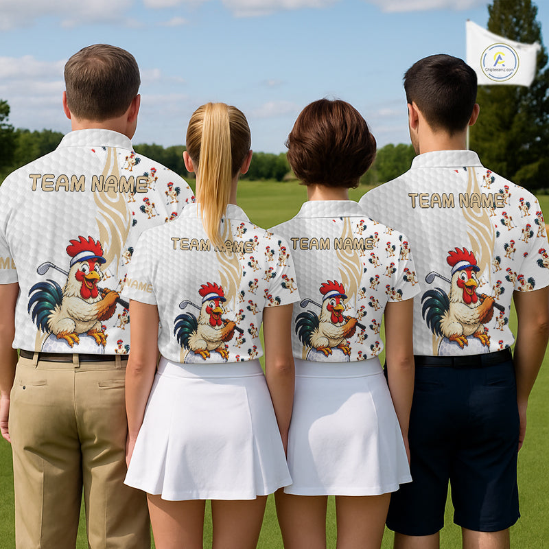 Golf team wearing Funny Rooster Golf Polo Shirts, custom golf club apparel, rooster mascot team uniforms, humorous golf tournament shirts, personalized golf jerseys.