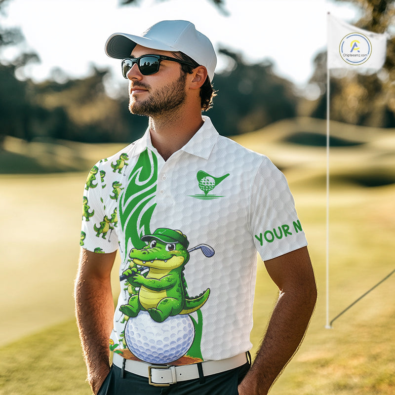 Men's model wearing Funny Alligator Golf Polo Shirt, wildlife golf apparel, custom golf team clothing, Florida golf fashion, personalized golf outfit.