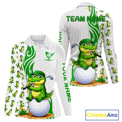 Funny Alligator Women's Golf Polo Shirt mockup featuring alligator mascot, personalized women's golf apparel, wildlife golf clothing, custom golf team polo, Florida golf fashion, performance golf tournament shirt.