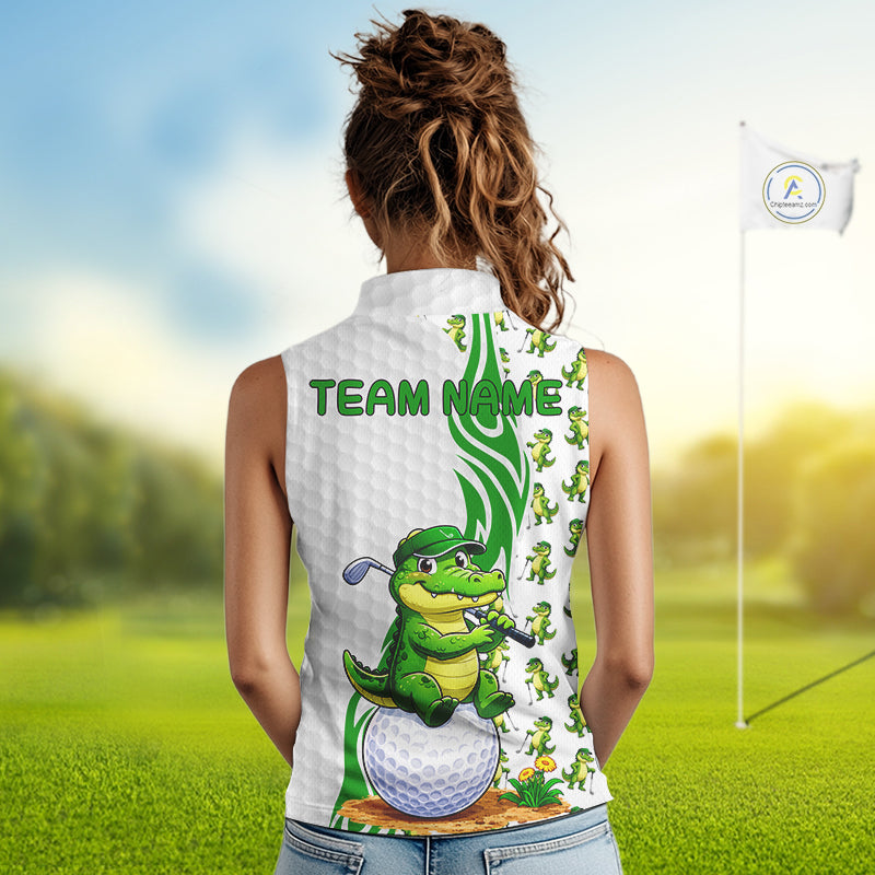 Women's model wearing Funny Alligator Golf Polo Shirt, trendy animal golf apparel, oversized golf fashion, personalized golf clothing, matching golf couple outfit.