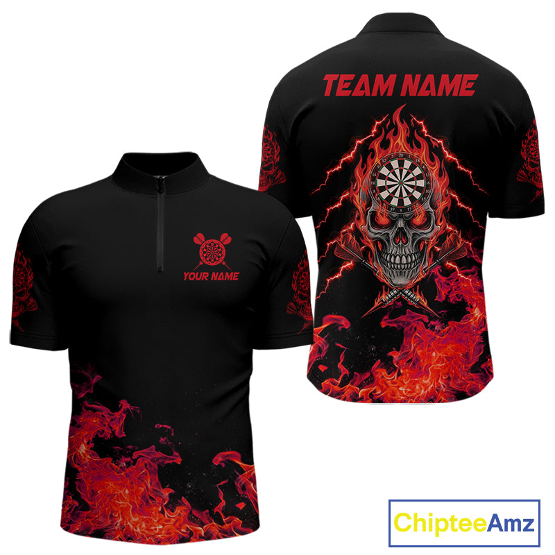 Custom Red Flames Skull Dart Arrow Dart Men Quarter-Zip Jerseys Flame Dart Team Shirt NYN1707