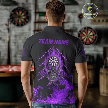 Custom Purple Flames Skull Dart Arrow Dart Men Polo Jerseys Flame Dart Team Shirt NYN1708