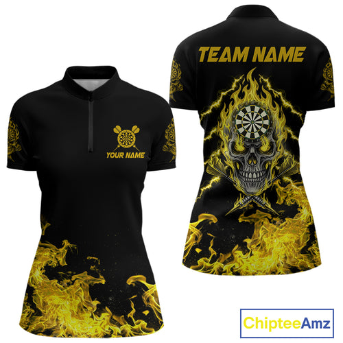 Custom Yellow Flames Skull Dart Arrow Dart Women Quarter-Zip Jerseys Flame Dart Team Shirt NYN1709