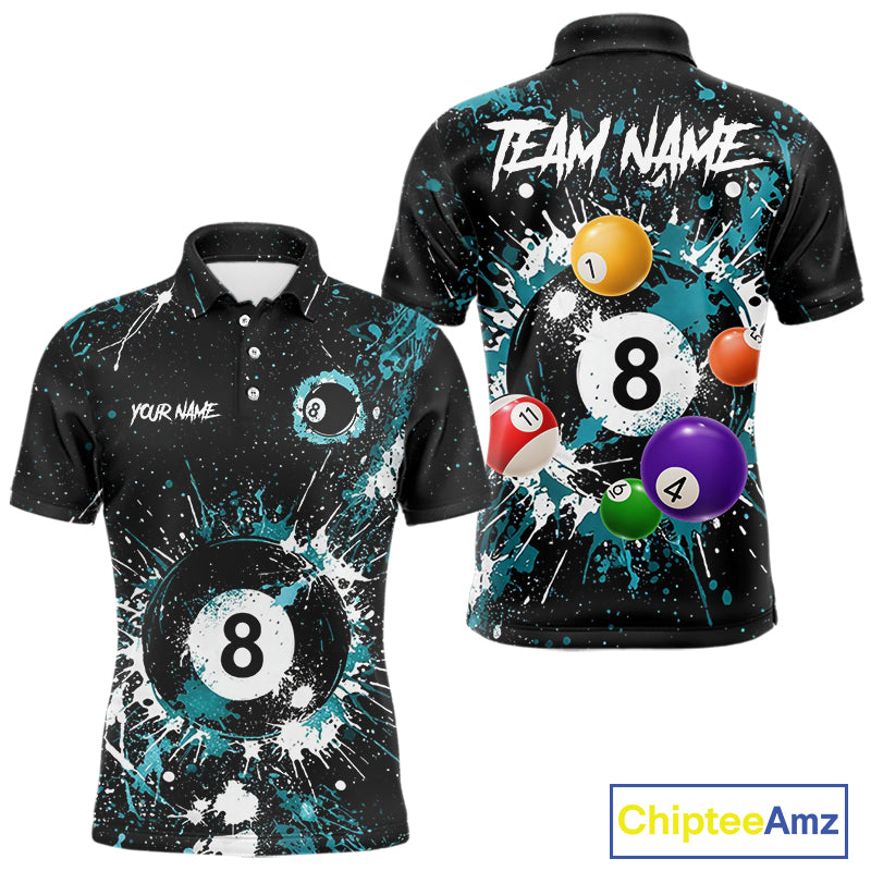 Black And Teal 8 Ball Pool Men Billiard Shirt Personalized Splatter Paint Billiard Jersey For Pooler NYN3088
