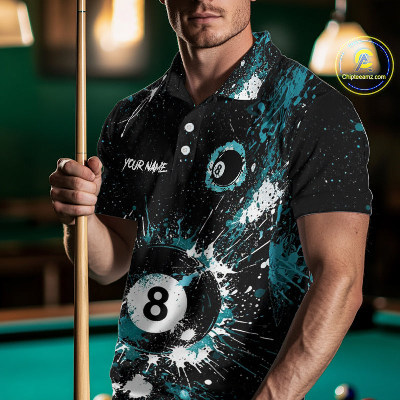 Black And Teal 8 Ball Pool Men Billiard Shirt Personalized Splatter Paint Billiard Jersey For Pooler NYN3088
