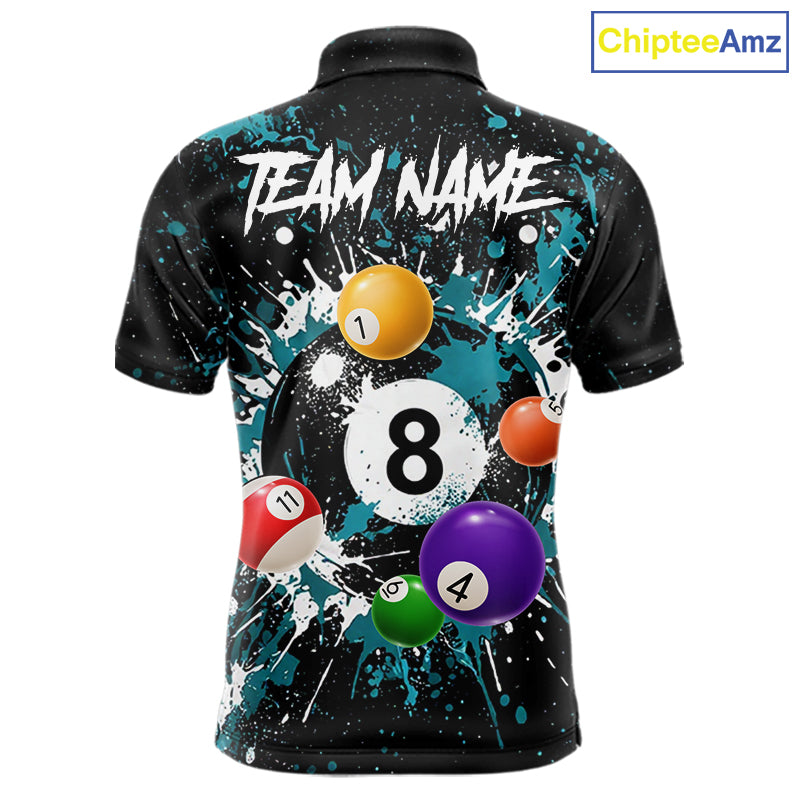 Black And Teal 8 Ball Pool Men Billiard Shirt Personalized Splatter Paint Billiard Jersey For Pooler NYN3088