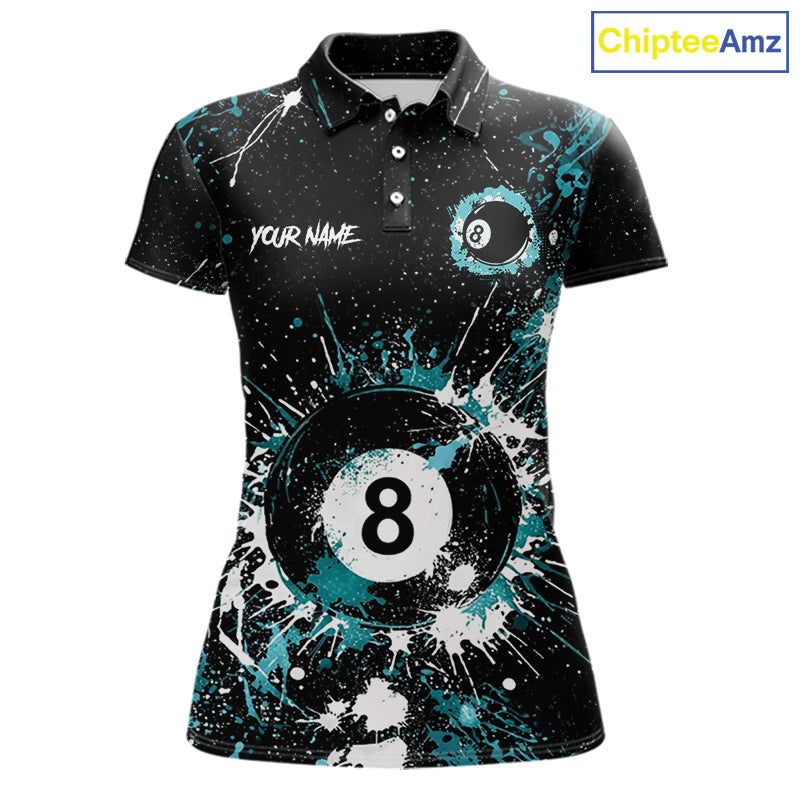 Black And Teal 8 Ball Pool Women Billiard Shirt Personalized Splatter Paint Billiard Jersey For Pooler NYN3088