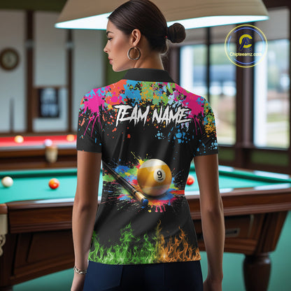 Colorful Paint & Flame 9 Ball Billiard Shirt For Women Personalized Cue Billiard Team Shirt NYN3089
